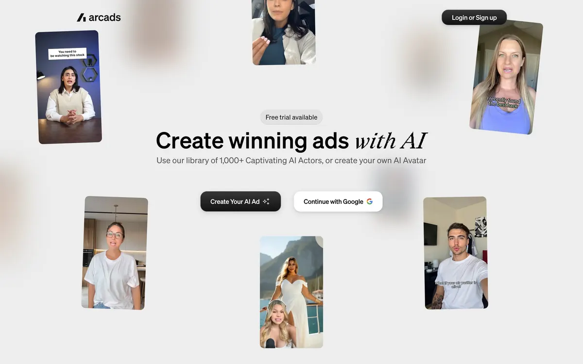 Arcads homepage with the headline Create winning ads with AI and AI actor video cards