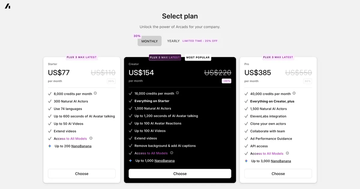 Arcads in-app plan screen on the Monthly tab with a 30% badge: Starter $77, Creator $154 and Pro $385 per month next to struck list prices of $110, $220 and $550