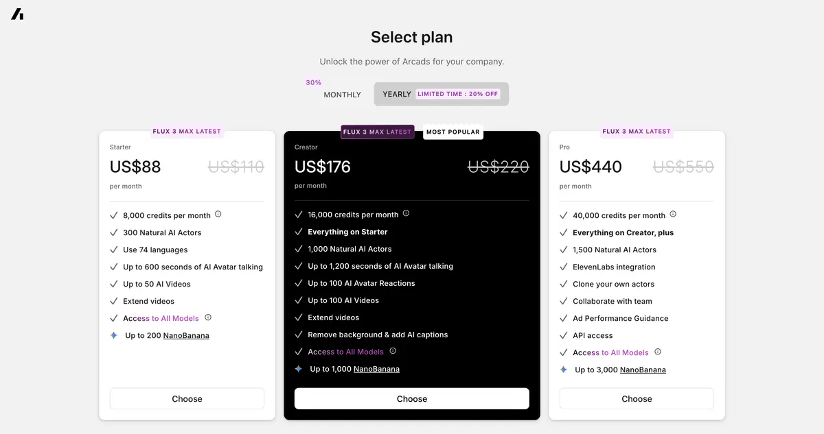 Arcads in-app plan screen on the Yearly tab with a 'LIMITED TIME : 20% OFF' label, showing Starter $88, Creator $176 and Pro $440 per month next to struck list prices