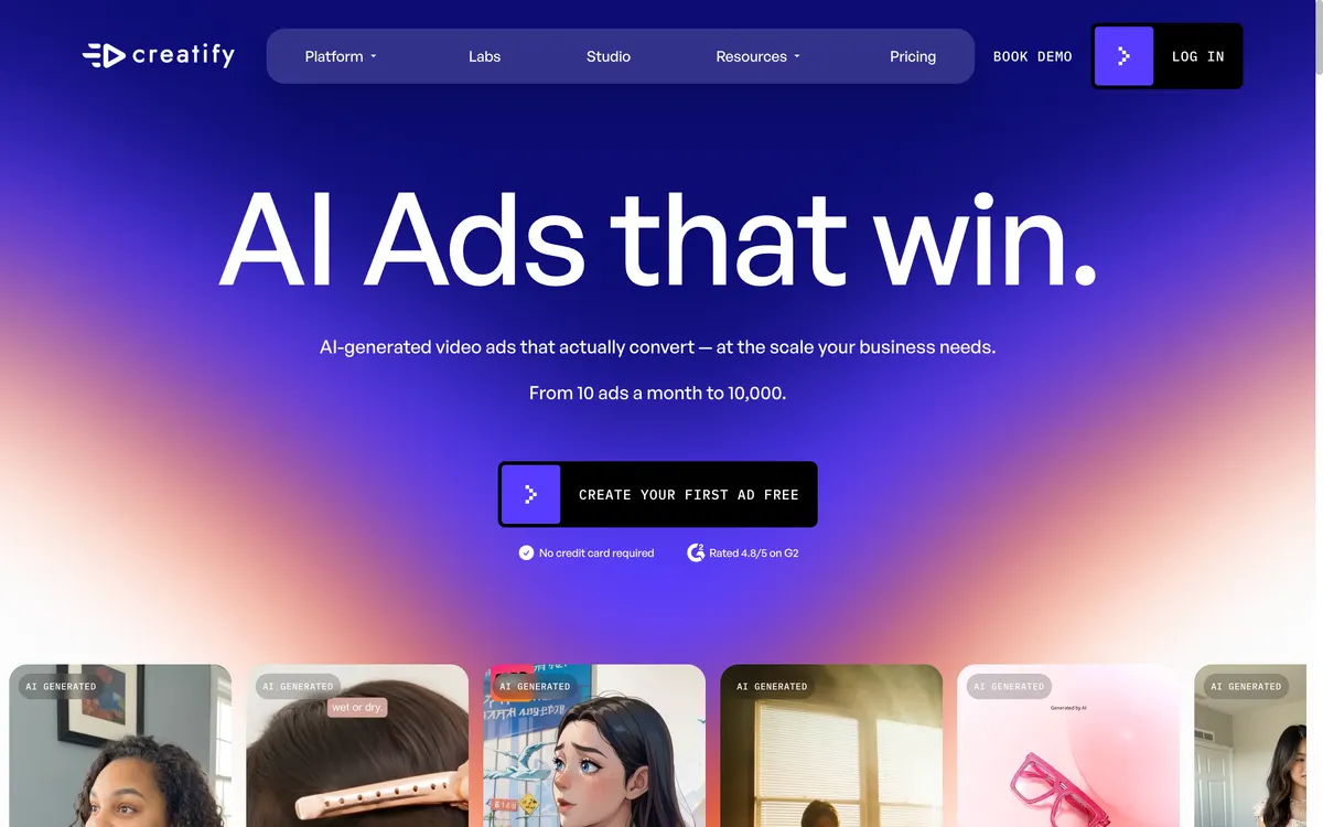 Creatify homepage with the headline 'AI Ads that win.' and a row of AI-generated ad thumbnails