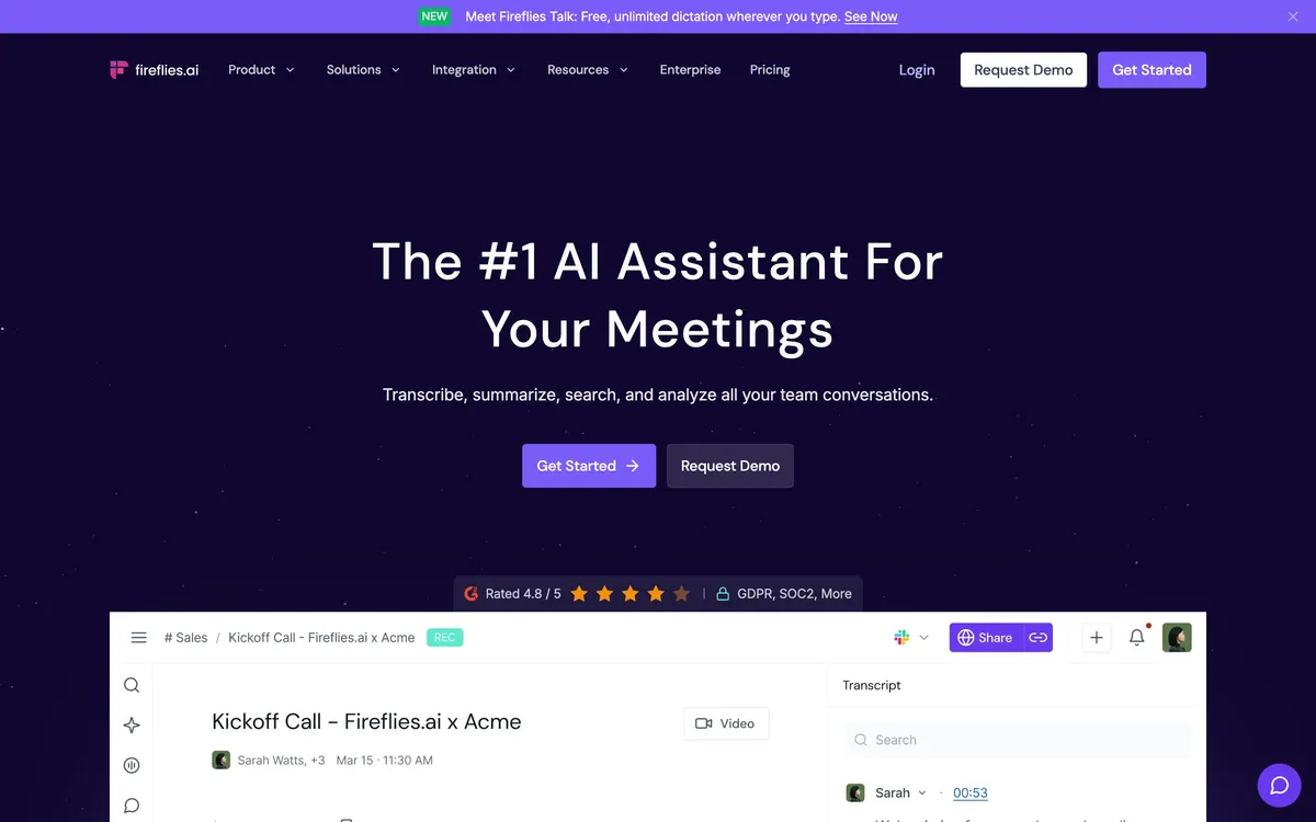 Fireflies.ai homepage with the headline The #1 AI Assistant For Your Meetings and a meeting transcript panel