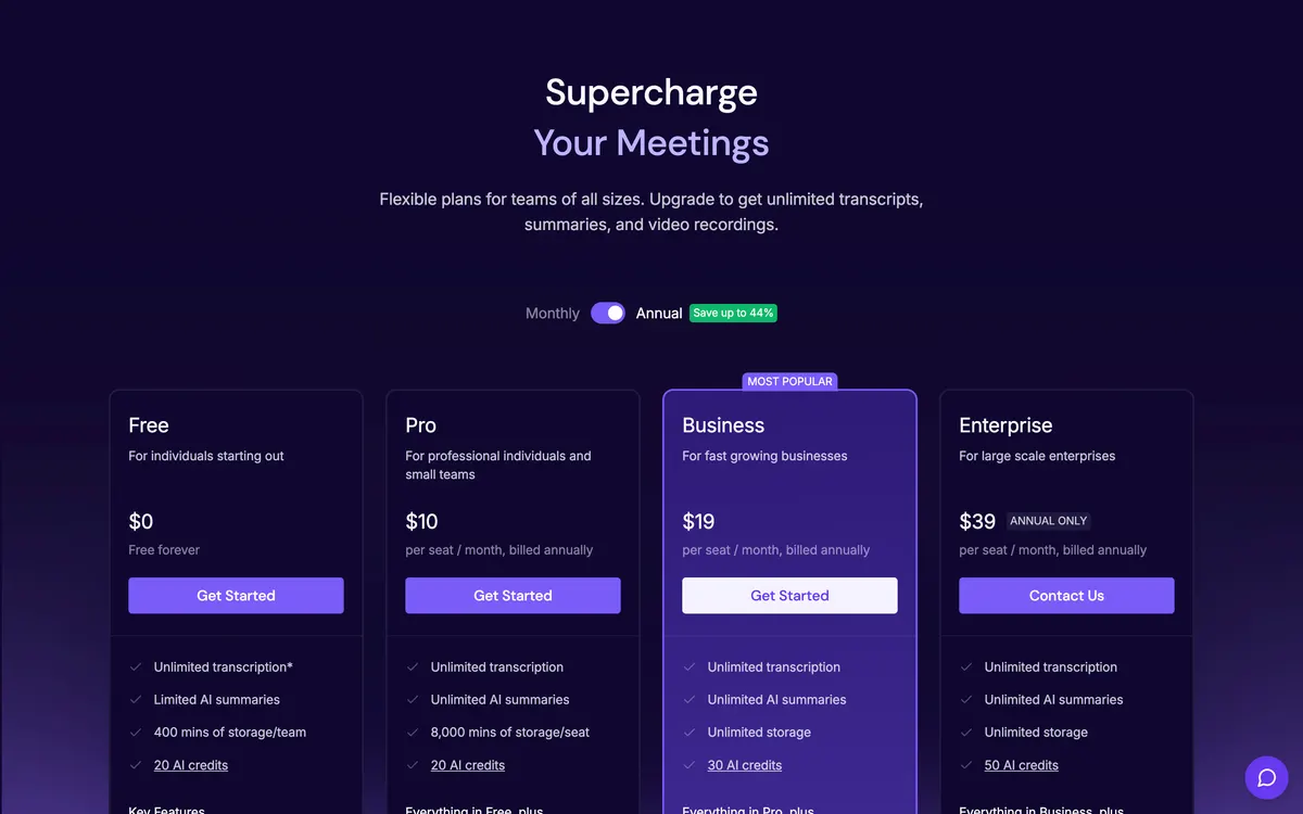 Fireflies pricing page showing Free, Pro, Business and Enterprise plan cards with the Annual toggle selected