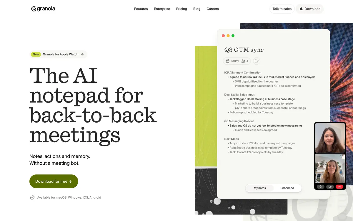 Granola homepage with the headline The AI notepad for back-to-back meetings and a Q3 GTM sync notes window