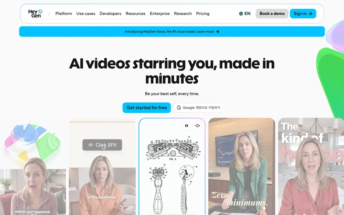 HeyGen homepage with the headline 'AI videos starring you, made in minutes' and avatar video cards