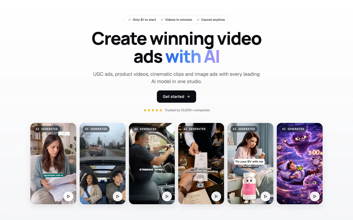 MakeUGC homepage with the headline 'Create winning video ads with AI' and AI-generated UGC ad thumbnails