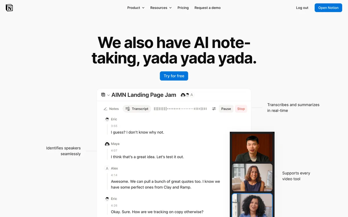 Notion AI 회의록 페이지의 화자별 실시간 전사 화면과 일시정지·중지 버튼