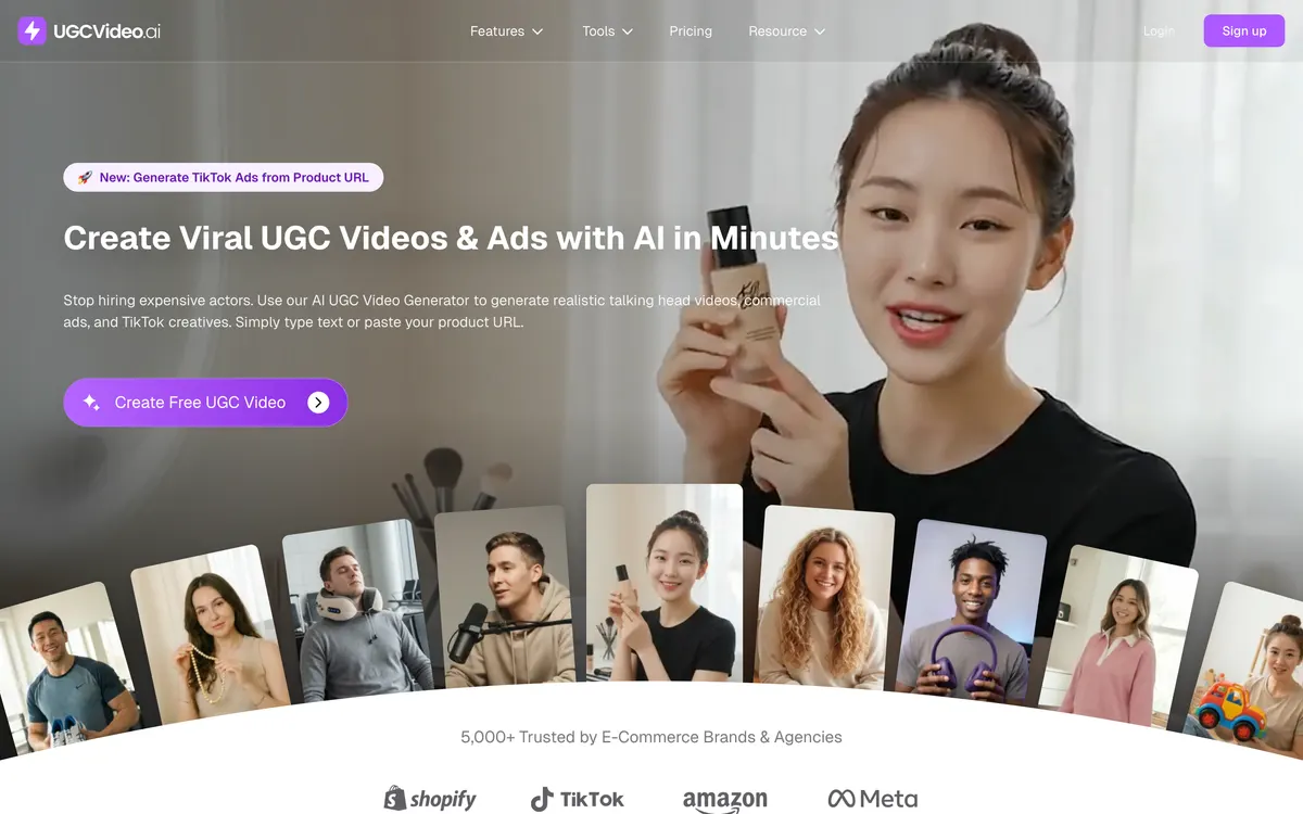 UGCVideo.ai homepage with the headline 'Create Viral UGC Videos & Ads with AI in Minutes' and an AI avatar gallery