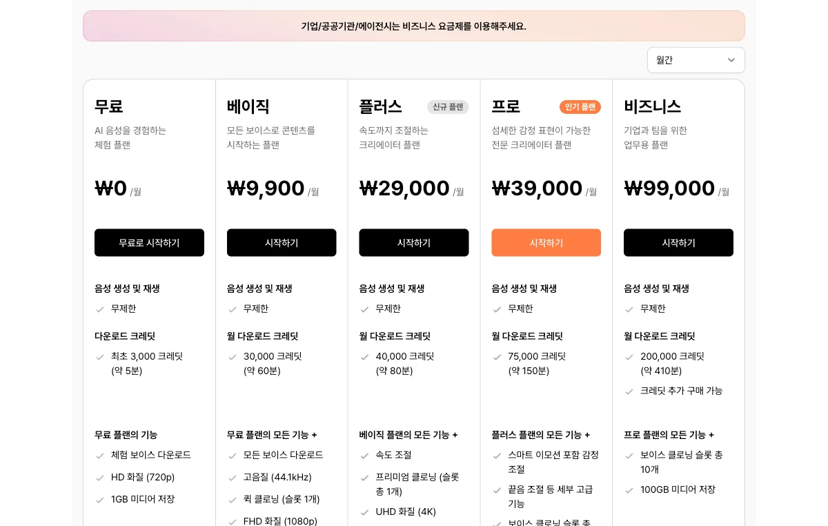 타입캐스트 요금제 - 무료, 베이직 9900원, 플러스 29000원, 프로 39000원, 비즈니스 99000원