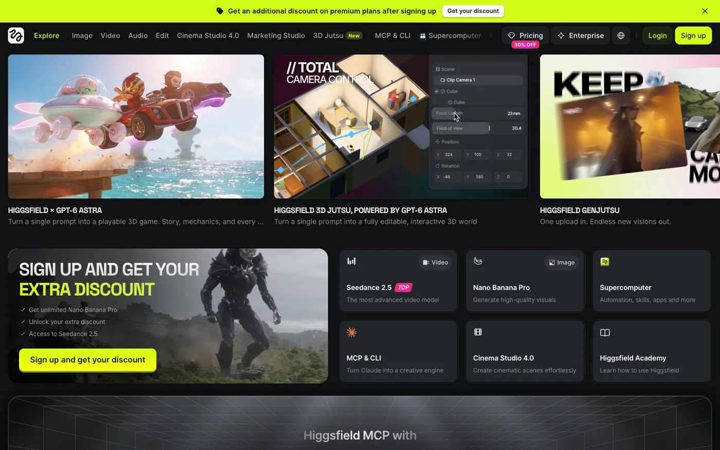 힉스필드 공식 홈페이지 - 3D Jutsu, Genjutsu, Seedance 2.5, Nano Banana Pro, MCP & CLI, Cinema Studio 4.0 메뉴
