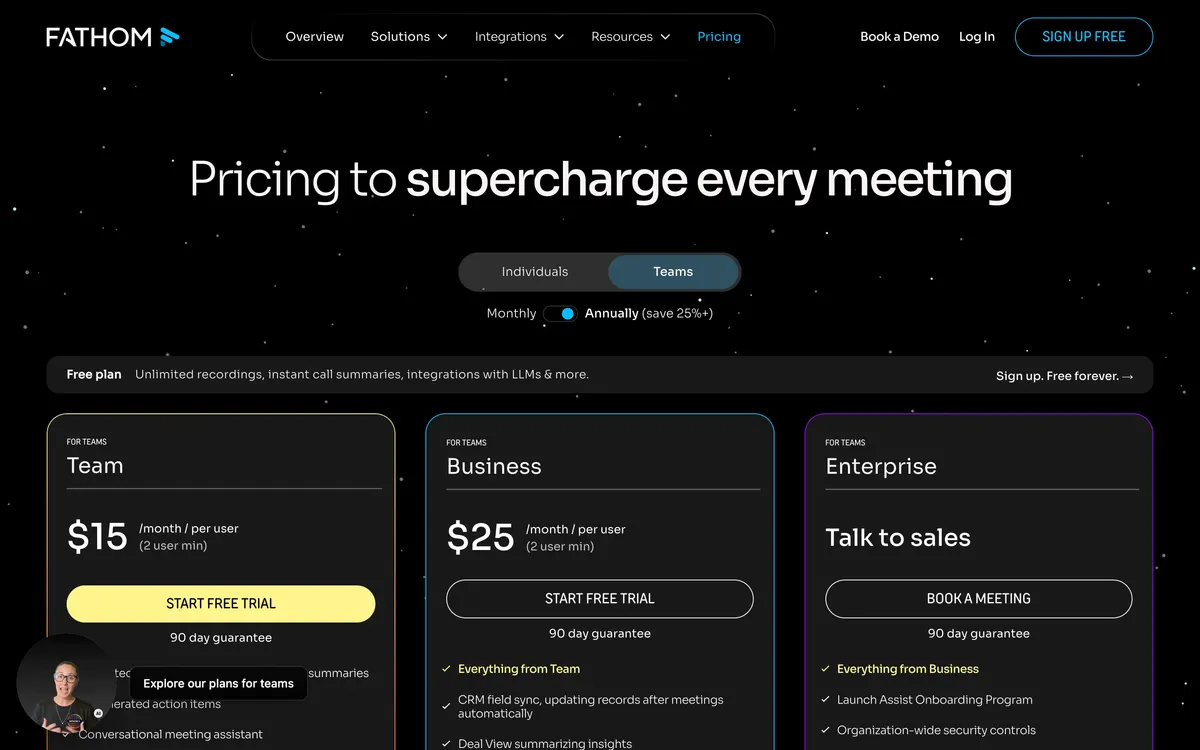 Fathom pricing page showing Free, Premium, Team and Business plans with monthly and annual prices