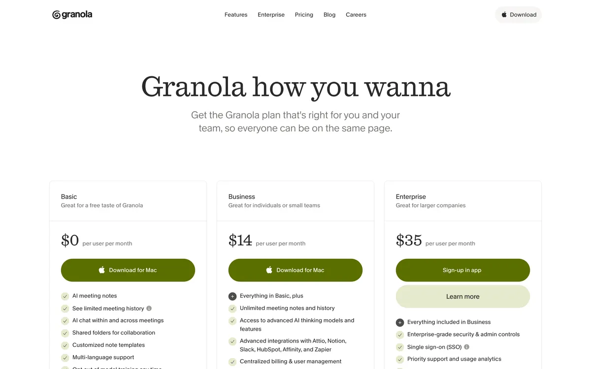 Granola pricing page showing Basic, Business at 14 dollars per user per month, and Enterprise from 35 dollars per user per month