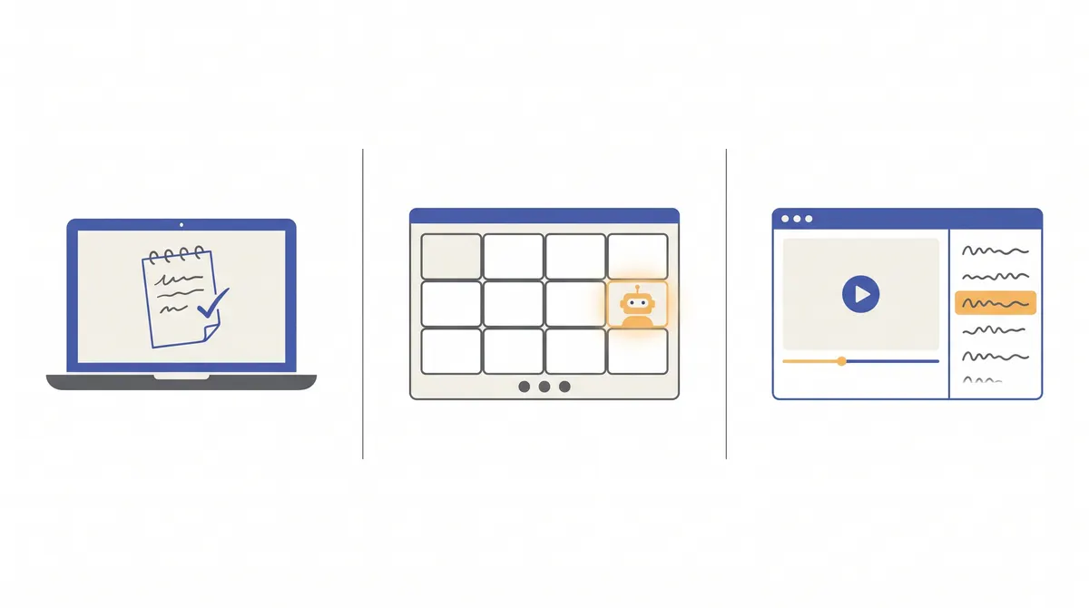 Three panels showing a laptop notepad, a video call grid with a bot tile, and a video player beside a transcript list