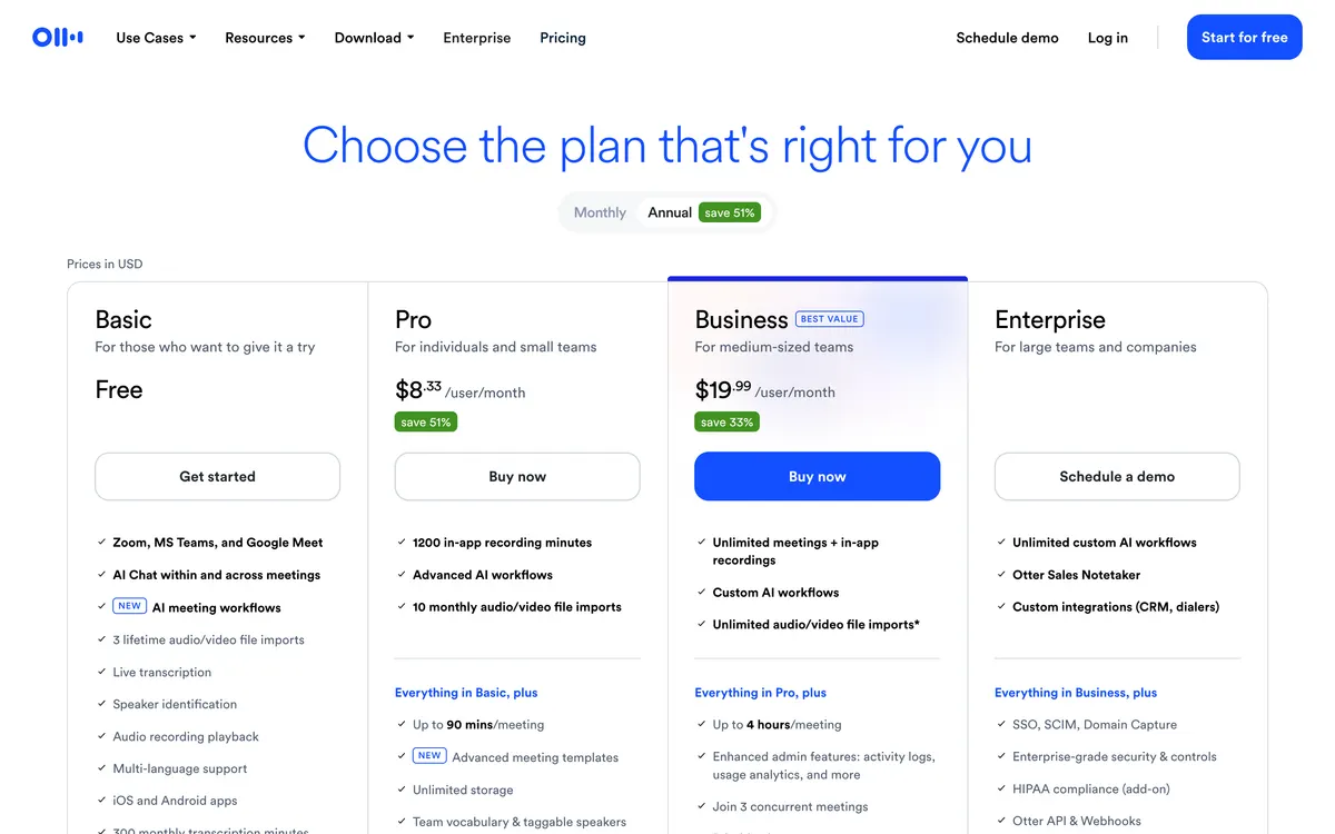 Otter.ai pricing page showing Basic free, Pro, Business and Enterprise plans with monthly and annual toggles