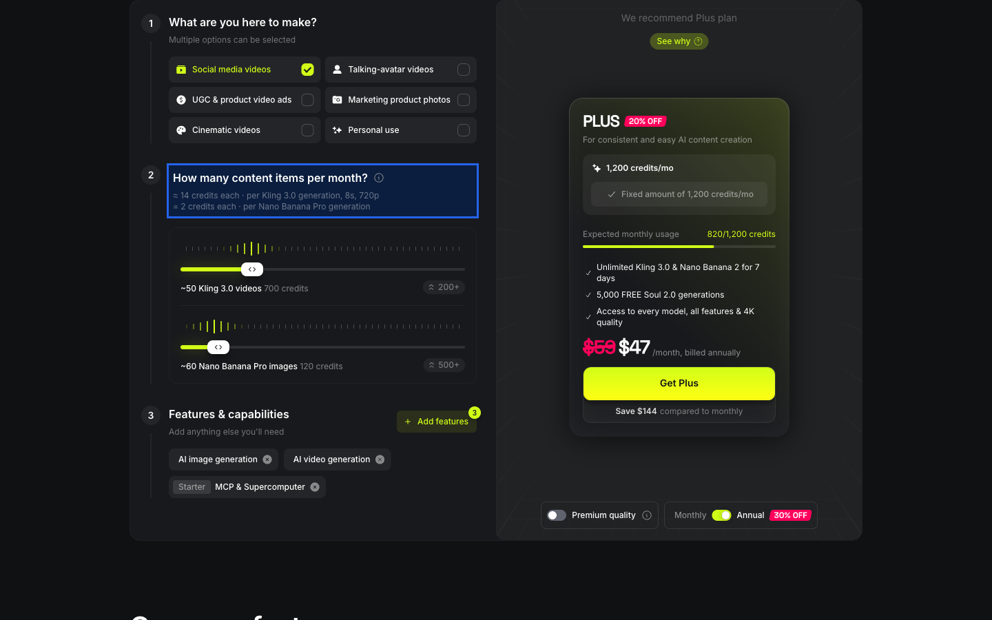 Higgsfield pricing page plan picker showing about 14 credits per Kling 3.0 generation and 2 credits per Nano Banana Pro image, beside a Plus card listing 1,200 credits and 5,000 free Soul 2.0 generations