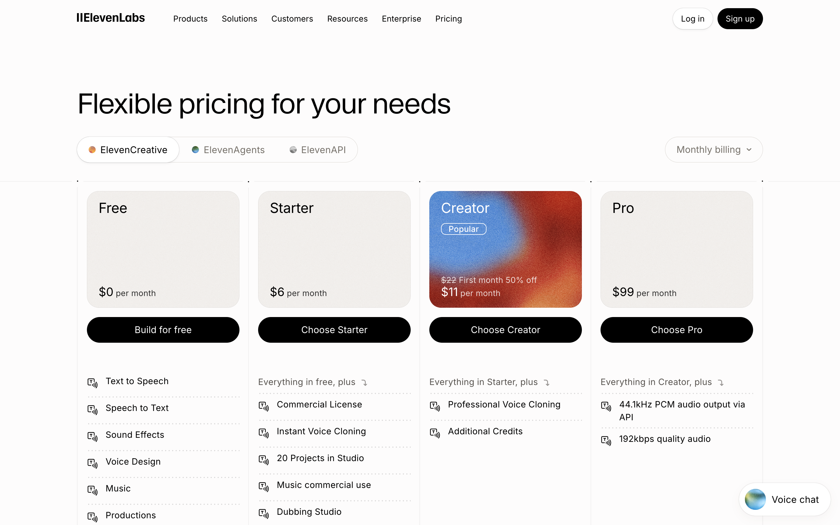 Official plan cards showing Free, Starter, Creator and Pro monthly prices