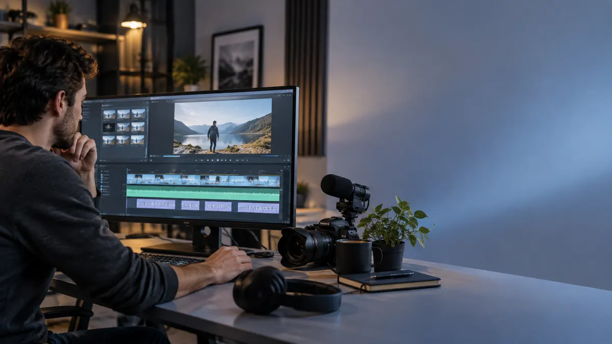 Video creator reviewing a generic caption timeline in an editing studio