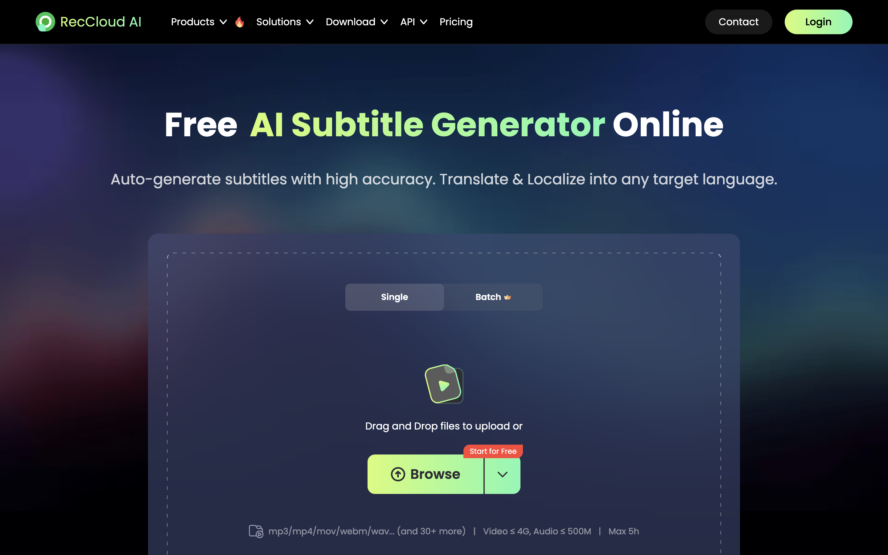 RecCloud official AI subtitle generator page showing upload and subtitle workflow