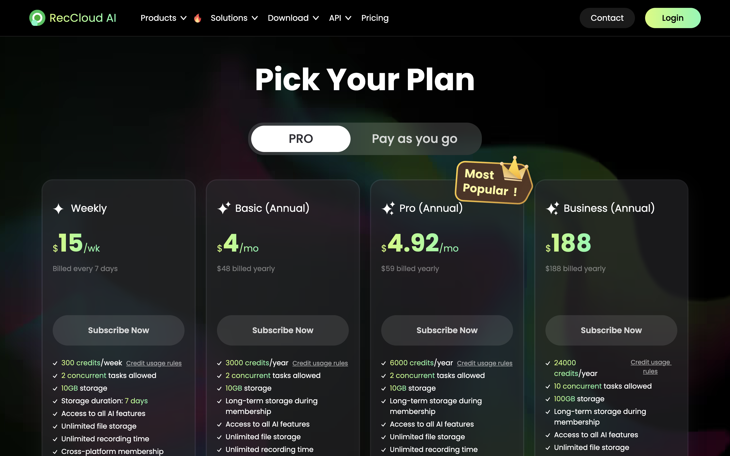 RecCloud official pricing page for checking current membership and credit terms