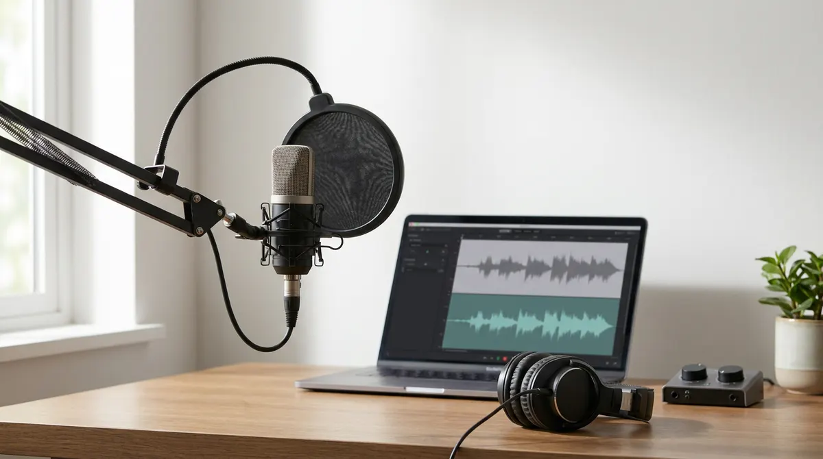 Home recording desk with a condenser microphone, headphones and a laptop showing two waveforms
