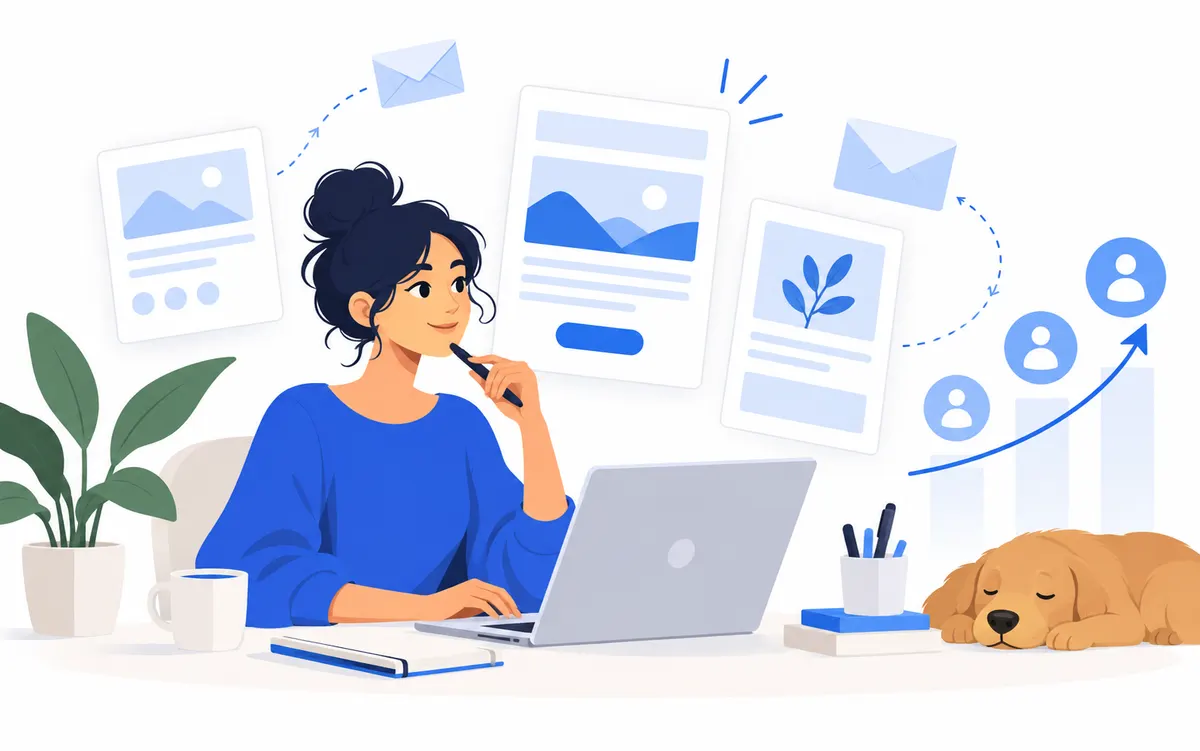 An editorial illustration of a creator planning a newsletter and subscriber growth