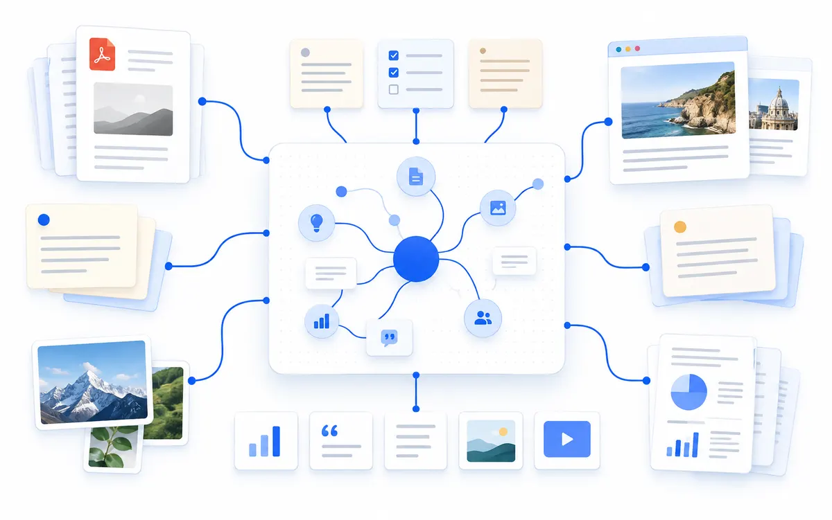 An editorial illustration of a personal workspace connecting notes, files and saved pages