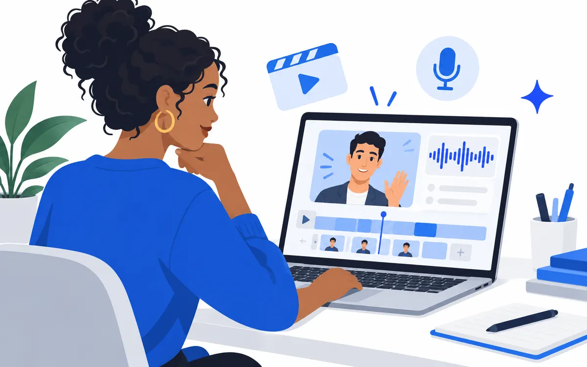 An editorial illustration of a creator reviewing an avatar video timeline