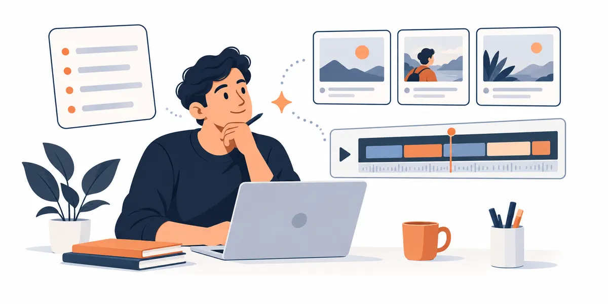 An editorial illustration of a creator planning a video script and scenes