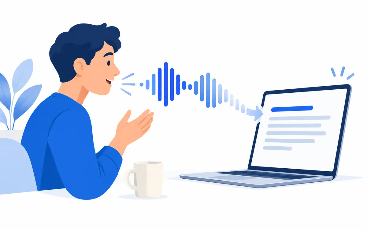An editorial illustration of dictation turning speech into text on a laptop