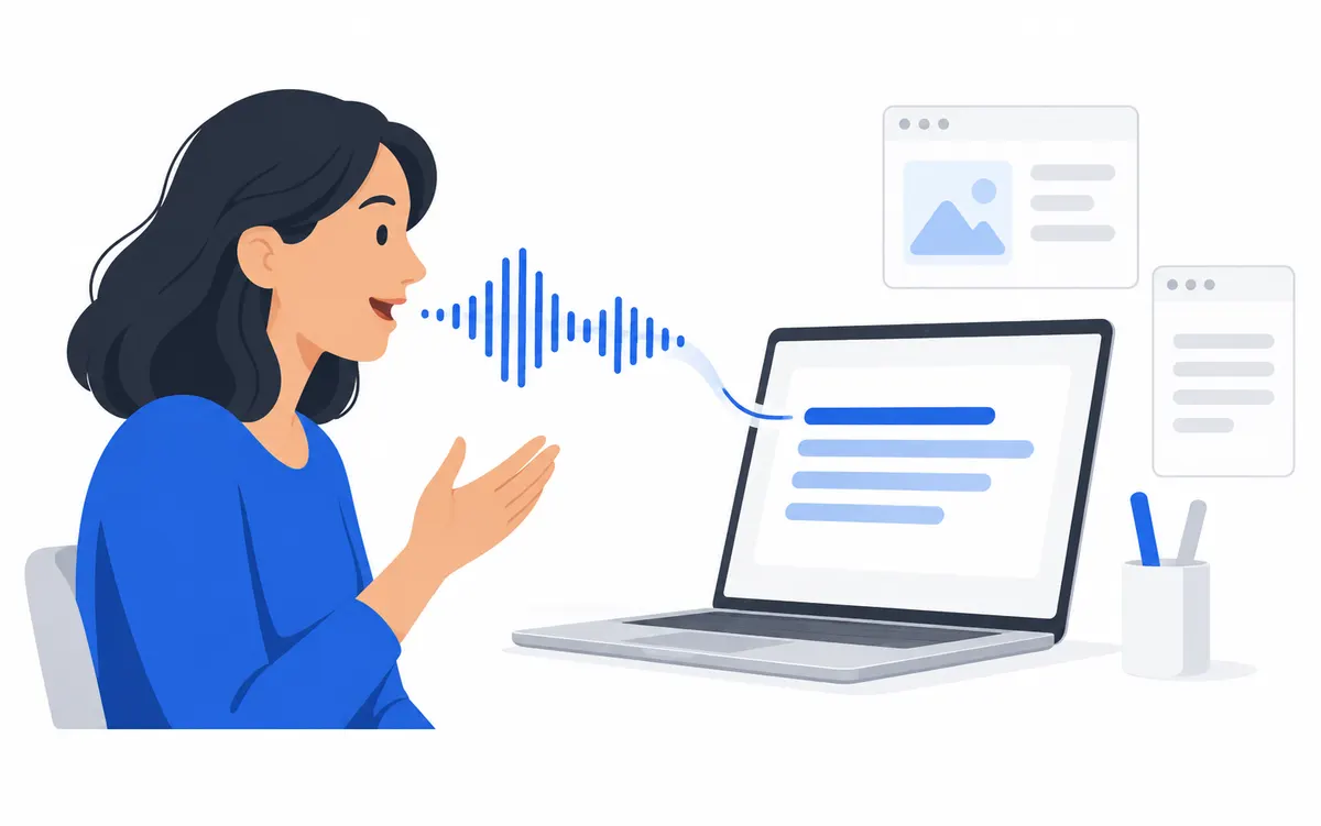 An editorial illustration of voice dictation entering a laptop writing window