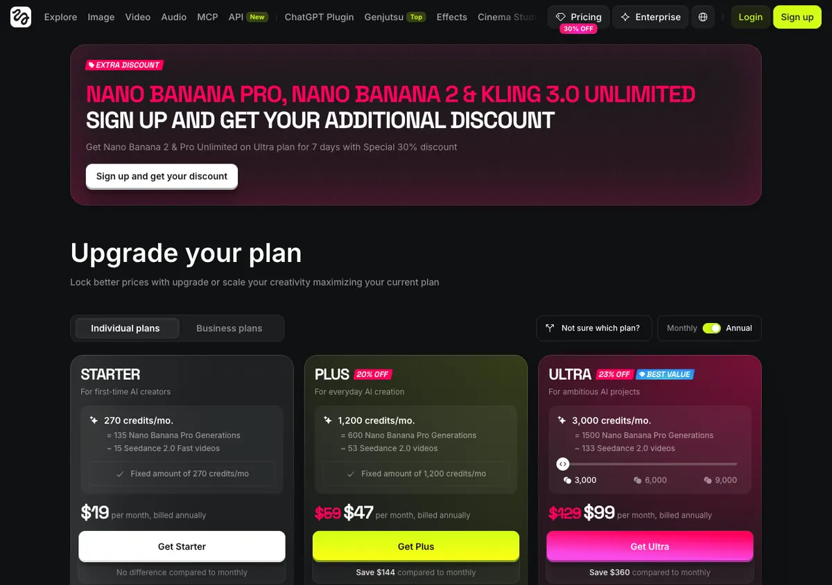 Higgsfield public pricing page with Starter, Plus and Ultra annual plan cards