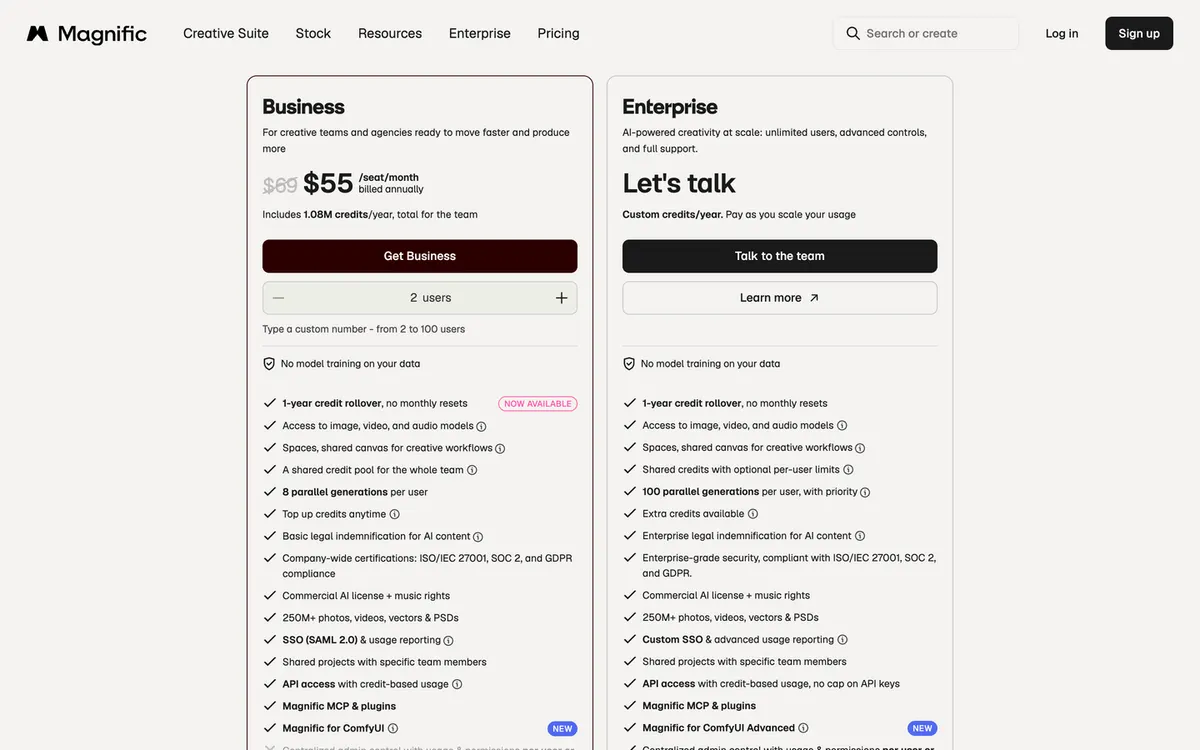 Magnific pricing page Teams tab listing Business and Enterprise plan features