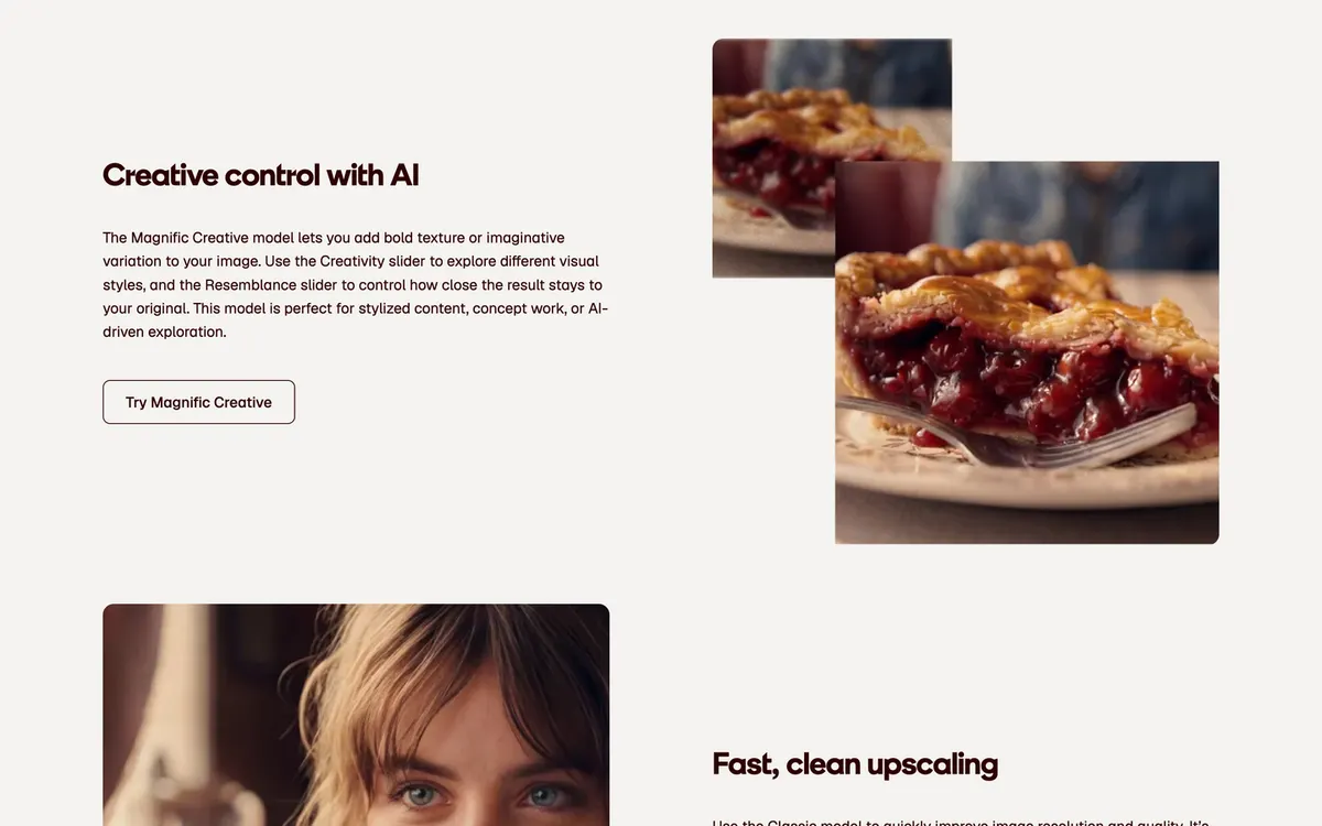Magnific upscaler page describing the Creative model with before and after example images