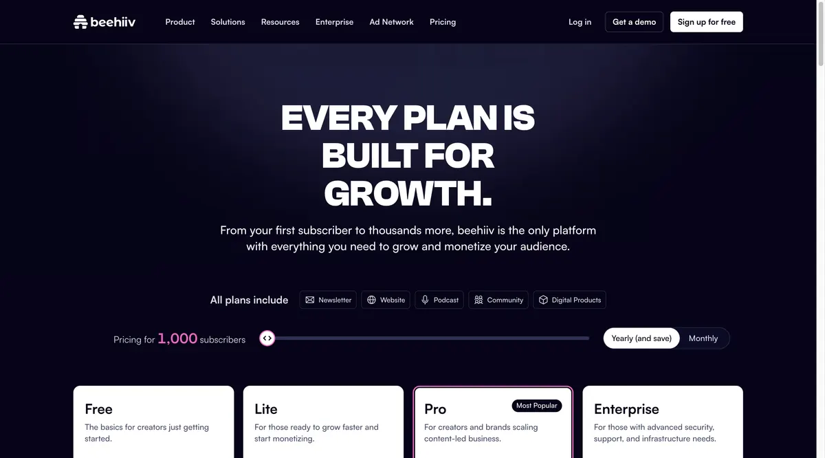beehiiv pricing page header with the Free, Lite, Pro and Enterprise plan cards and a subscriber-count slider set to 1,000