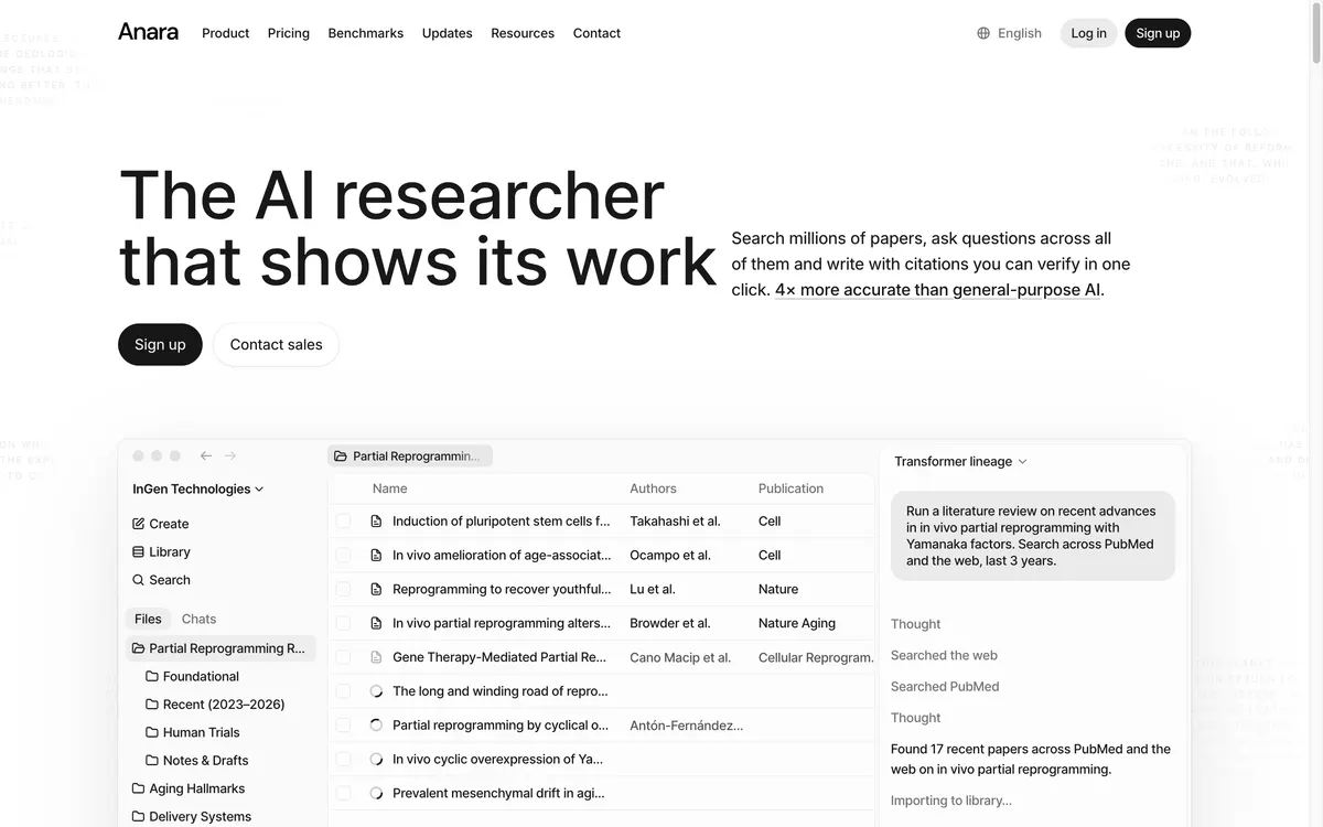 Anara homepage showing a research workspace with a paper library table and a chat panel running a literature review