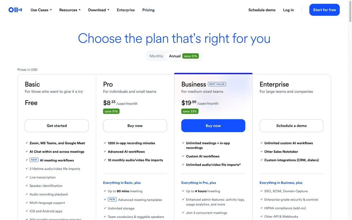 Otter.ai pricing page in USD with Basic free, Pro $8.33 and Business $19.99 per user per month on annual billing