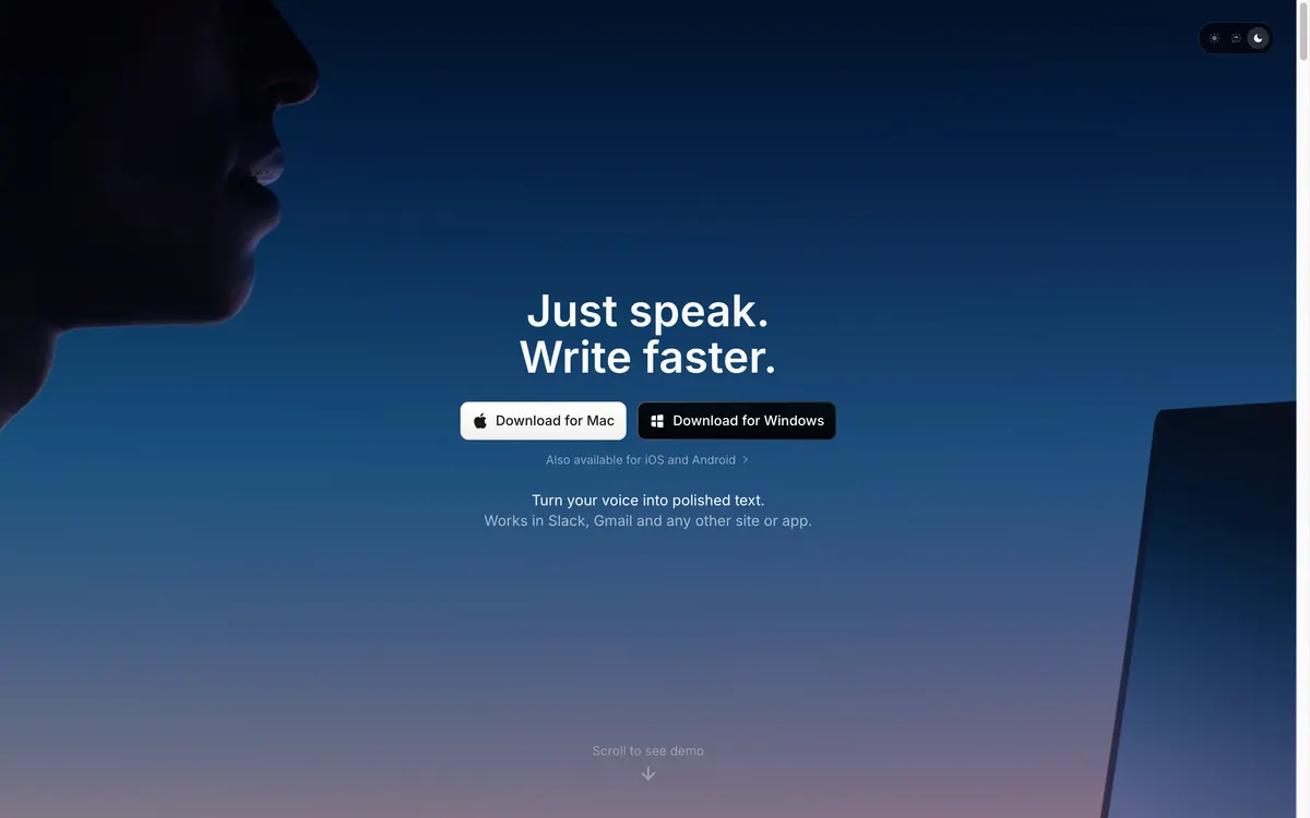 Superwhisper homepage with Download for Mac and Download for Windows buttons and a note that iOS and Android apps exist