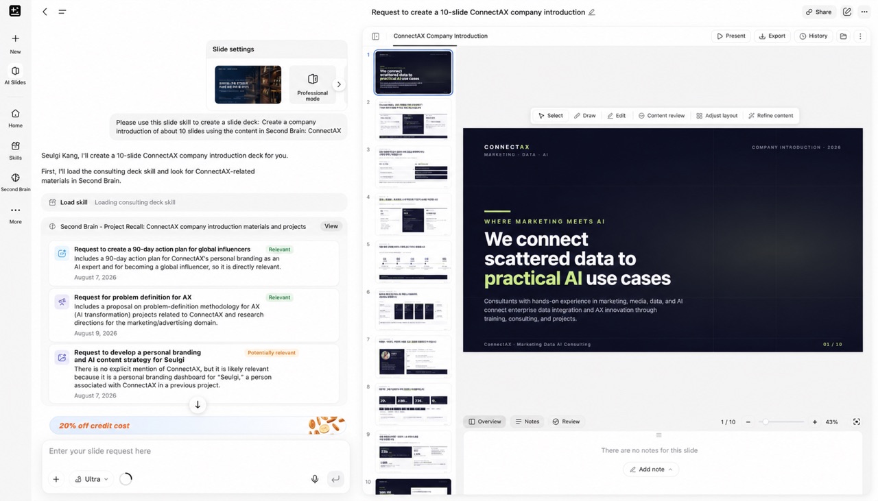 Genspark AI Slides chat showing a Second Brain project recall list of past ConnectAX materials next to the first slide of a 10-slide company deck