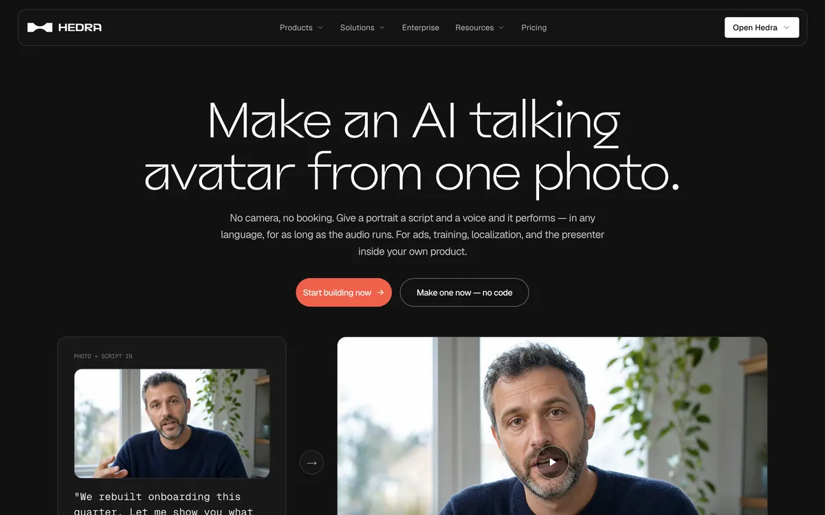Hedra AI talking avatar page headline Make an AI talking avatar from one photo with a portrait-to-video example
