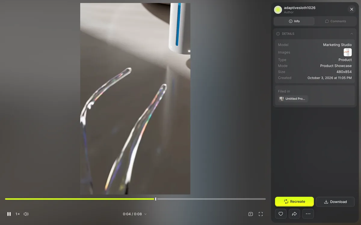 Completed video playing at 0:04 / 0:08 beside the Download button