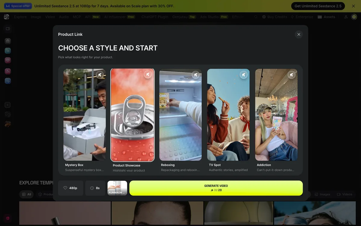 Higgsfield Marketing Studio Product Showcase settings with 480p, 8s and a 28-credit quote