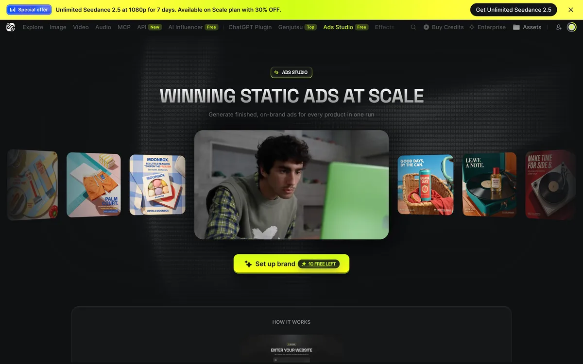 Ads Studio static-ad entry screen with the account-specific free counter