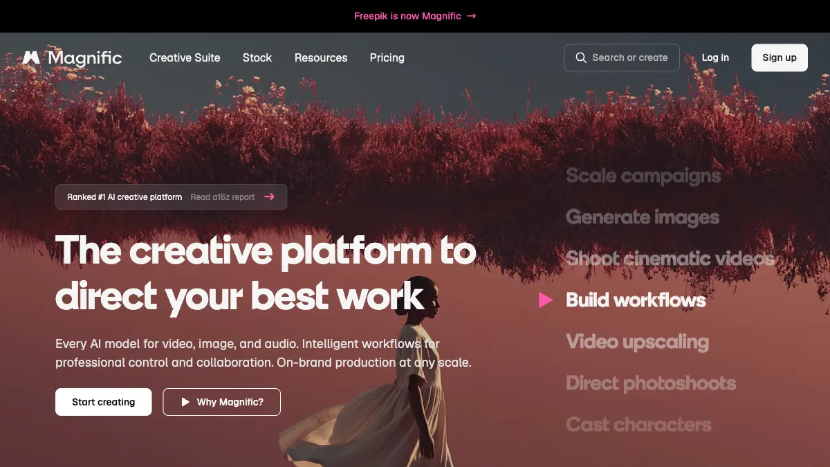 Magnific image upscaling and creative workflow homepage