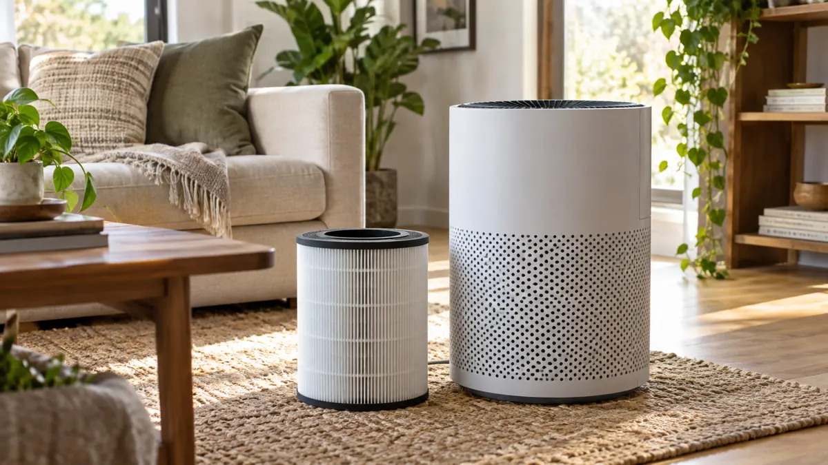 An air purifier and removable filter in a sunlit living room