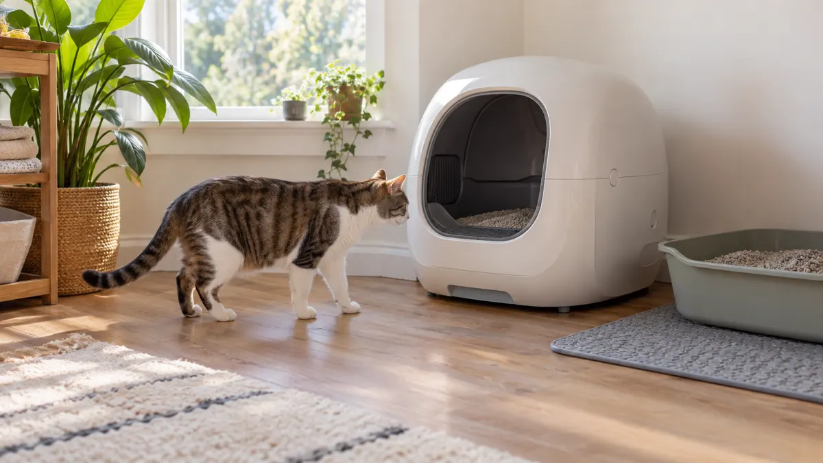 A cat approaching an automatic litter box beside a familiar tray