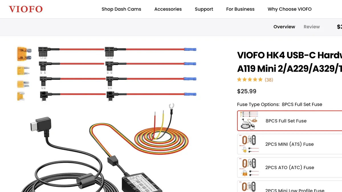 VIOFO official store page showing the HK4 USB-C hardwire kit with red, yellow and black wires and four fuse tap types
