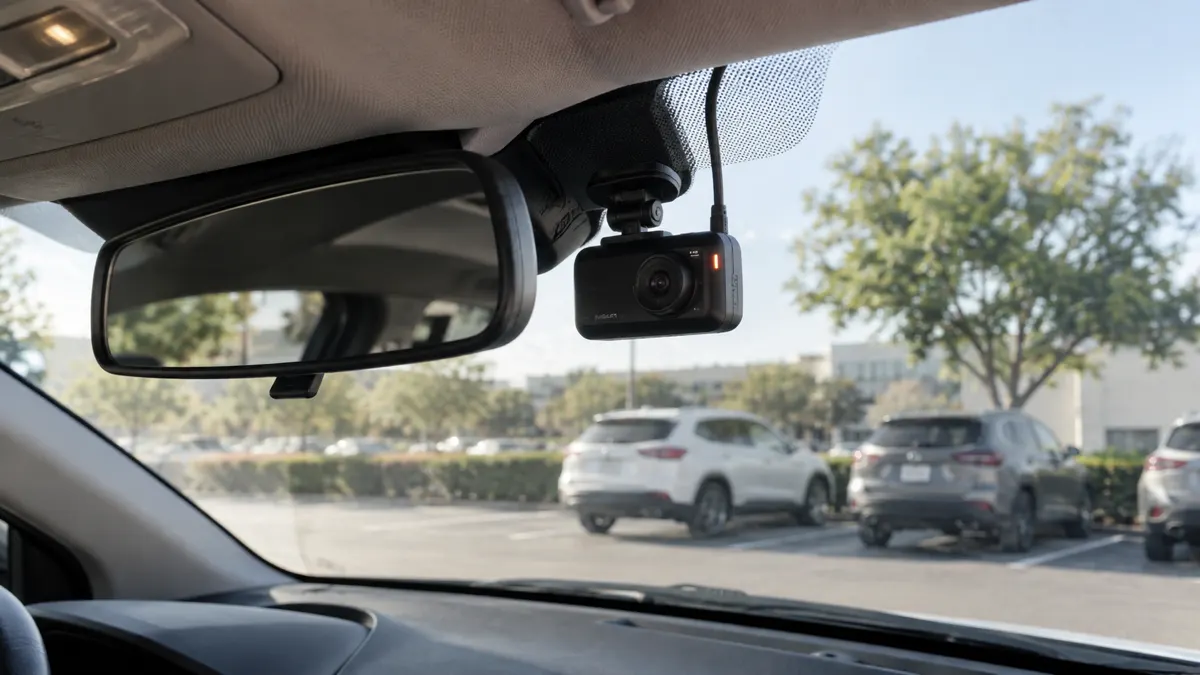 A dash cam installed behind a rear-view mirror in a parked car
