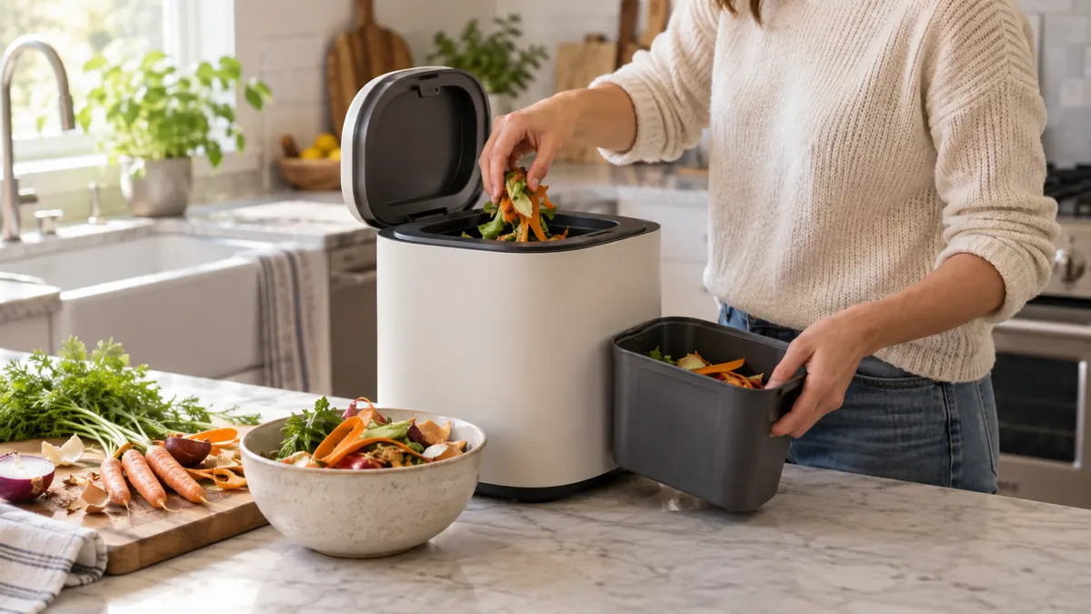 A countertop food-waste processor in a working kitchen