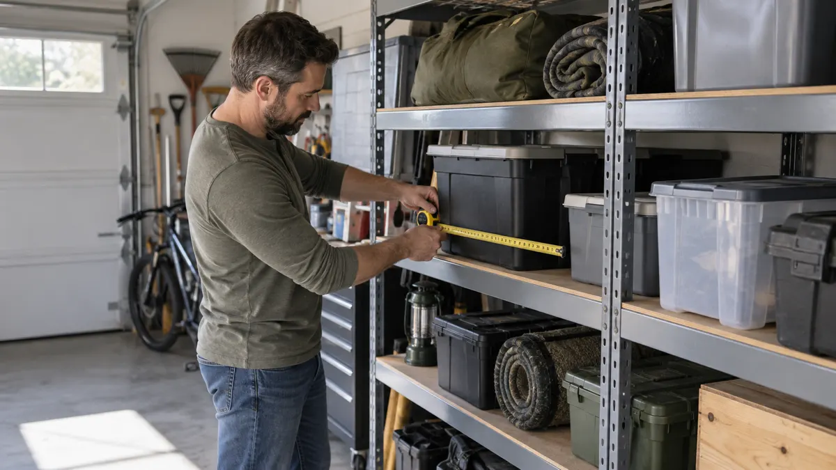 Garage storage shelves with organized bins and safe load spacing