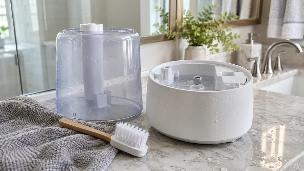 A humidifier water tank being cleaned with a soft brush