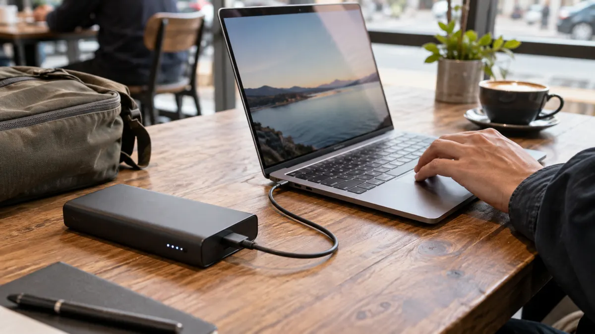 A laptop charging from a USB-C power bank at a cafe table